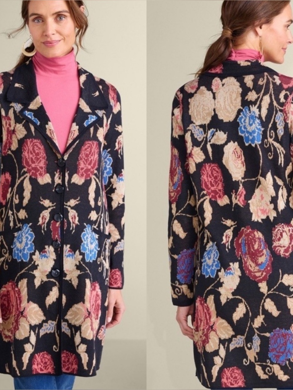 Soft Surroundings Glasgow Floral Black Long Sweater Coat Cardigan $139 Large New